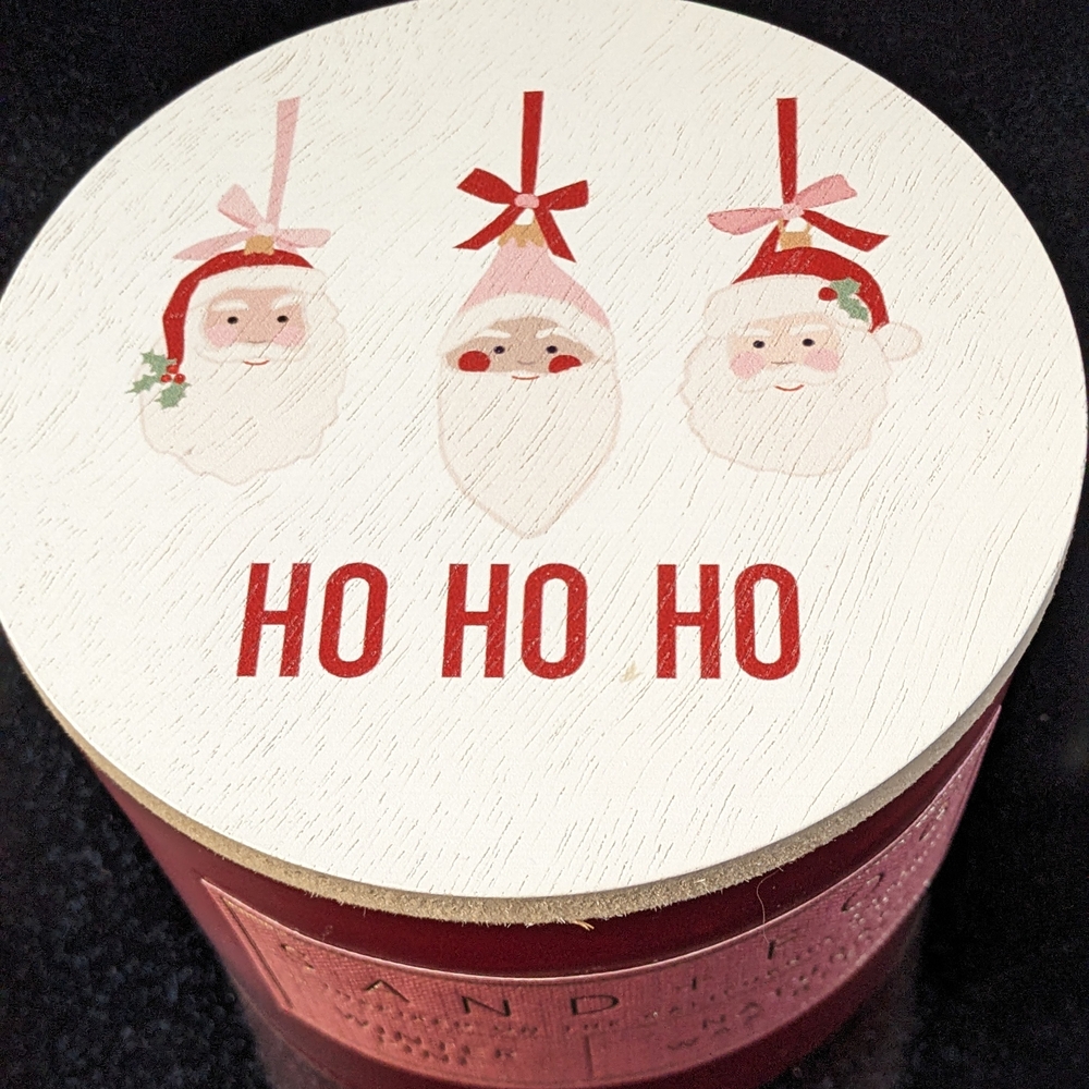 Sand+Fog Red  12 oz Candle  Ho Ho Ho Festive Lid With Santa Design Winter Pine